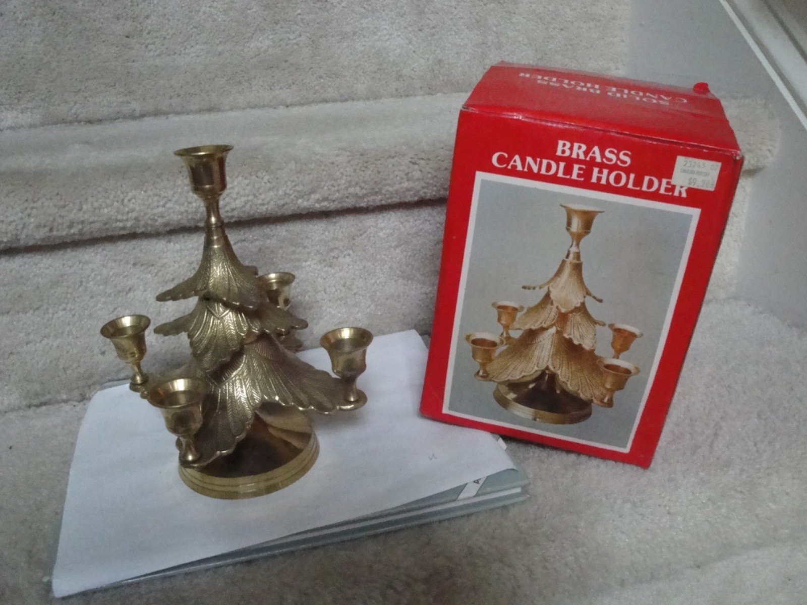 NOS In Box Brass Christmas Tree Candleabra For 5 Candles For Holiday Decor 