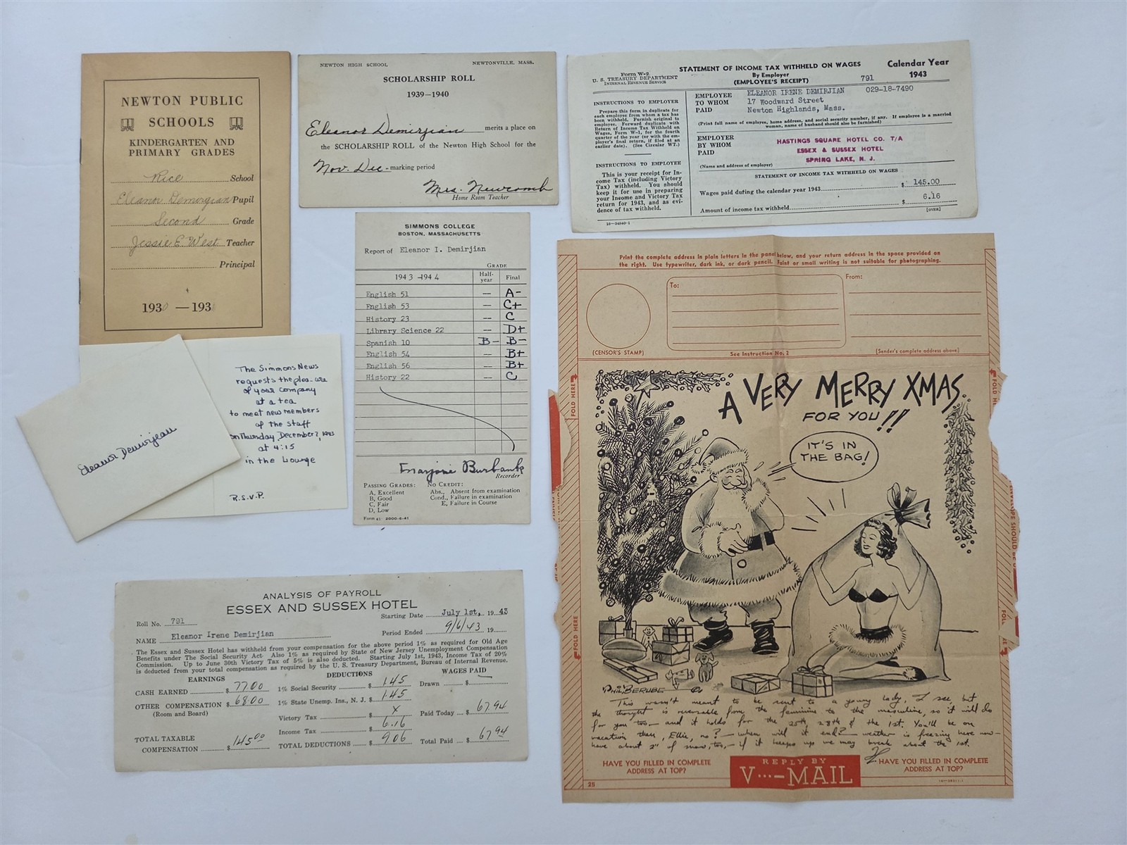 1943 vintage ELEANOR I DEMIRJIAN newton highlands ma WWII V-MAIL SCHOOL PAPERS