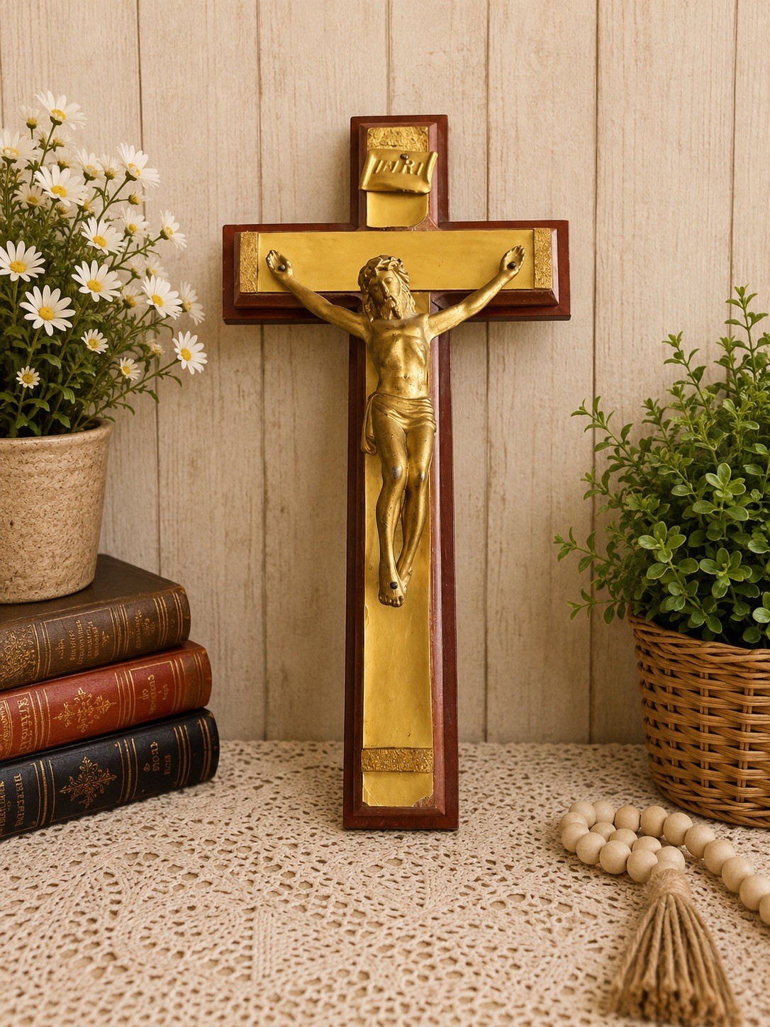 Vintage Catholic Crucifix Wall Shrine Holy Water Font w/ Candle Holders 11”
