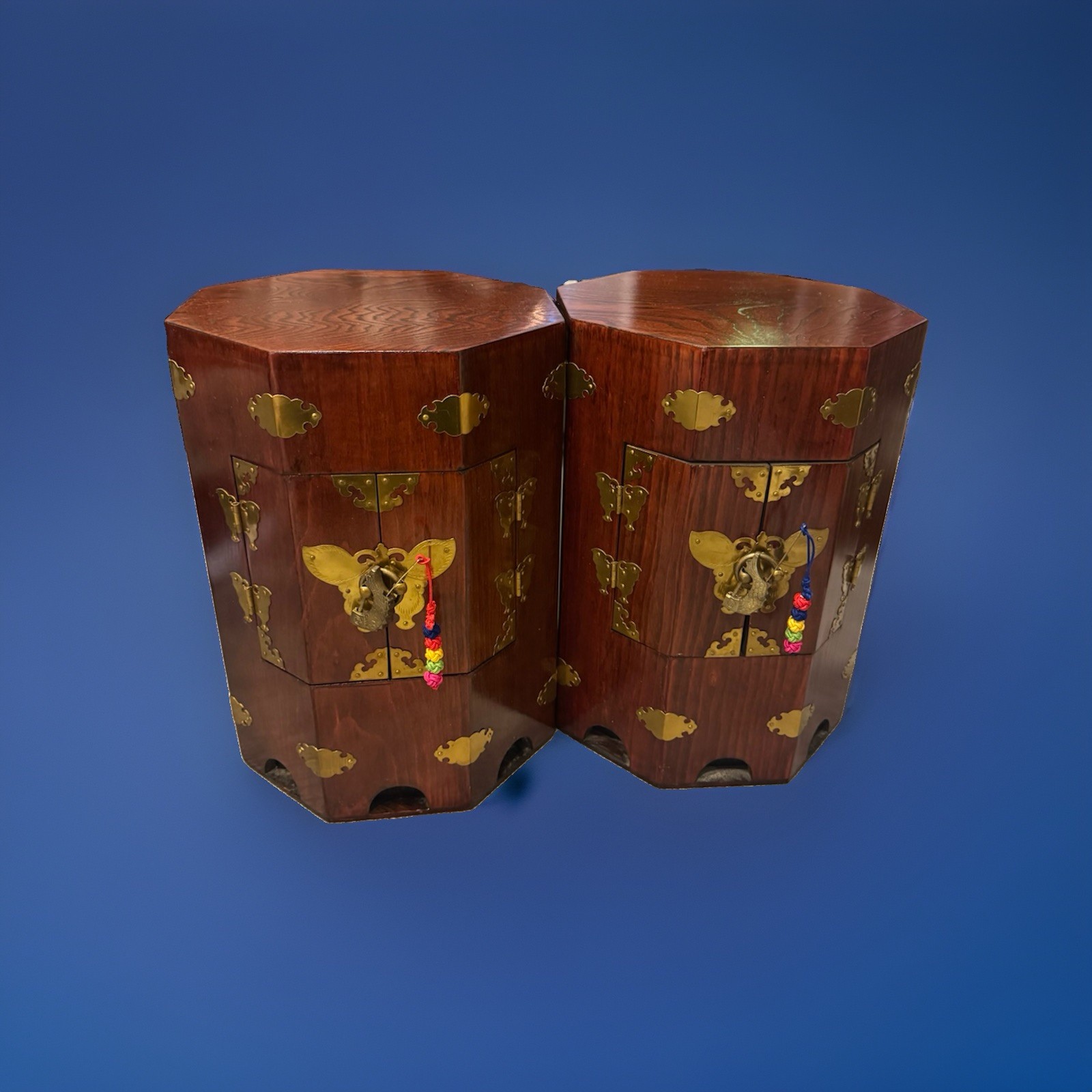 Pair Vintage Korean Octagonal Wood Hat Boxes Brass Fish Locks Chests 17” Pair Vintage Korean Octagonal Wood Hat Boxes Brass Fish Locks Chests 17”