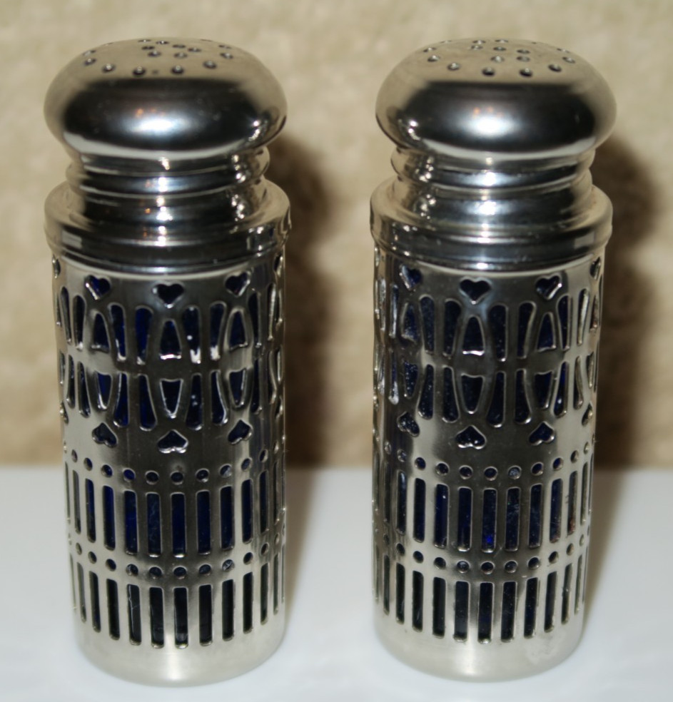 Vintage Victorian Silver Plate Cobalt Blue Salt & Pepper Shakers, UK Patent,Nice