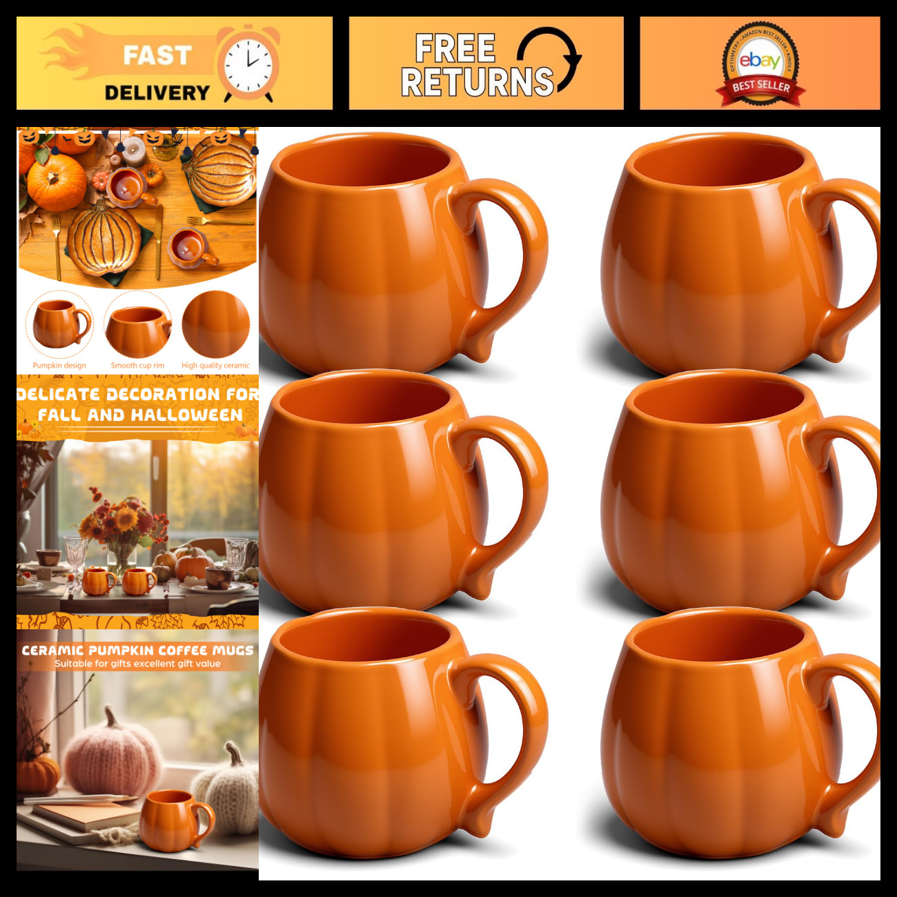 6 Pcs 14 oz Pumpkin Shape Ceramic Coffee Mugs for Fall Halloween Party Decor