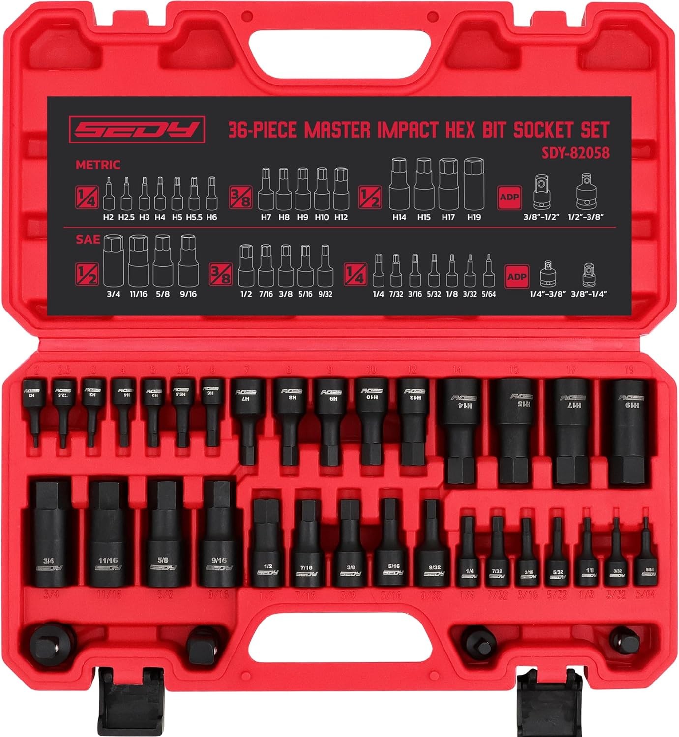 Hex Bit Impact Socket Set: 36-Piece with 4 Adapters, 1/4