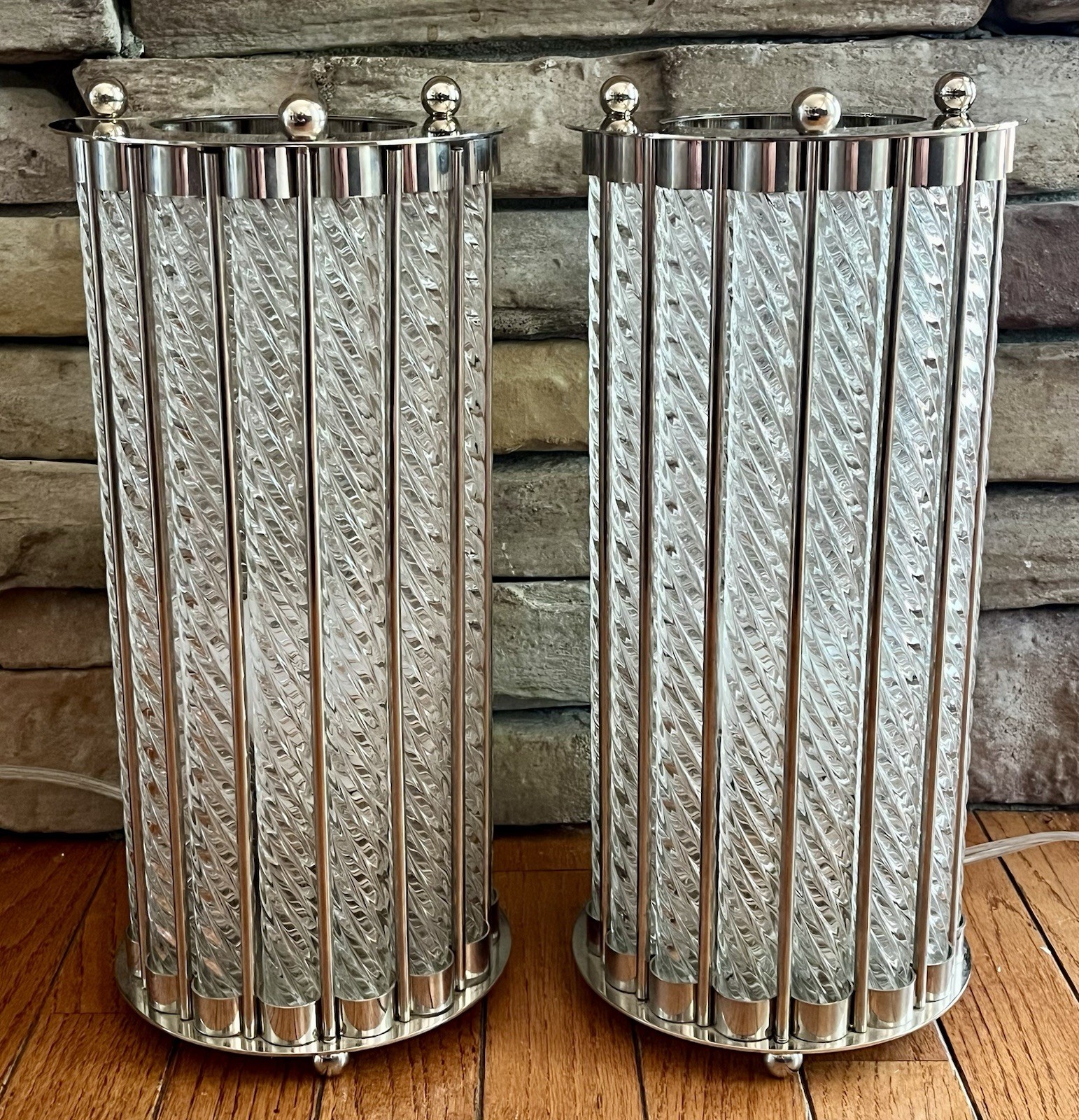 NICE Pair of Art Deco Style Twisted Glass Rod & Chrome Column Table Lamps RARE NICE Pair of Art Deco Style Twisted Glass Rod & Chrome Column Table Lamps RARE