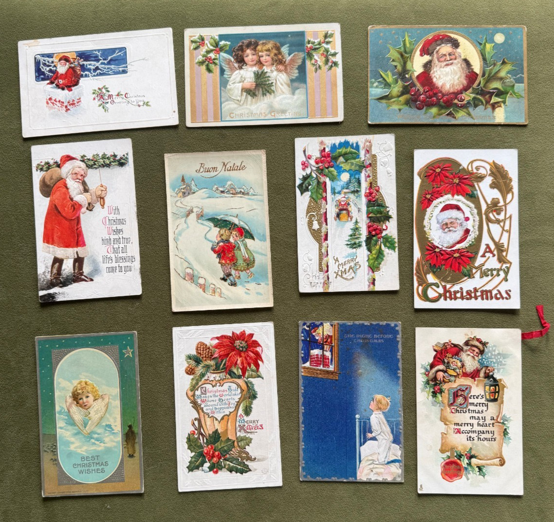 Lot 11 Antique Christmas Holiday Santa Toys Angel Gel Tuck Ribbon Postcards