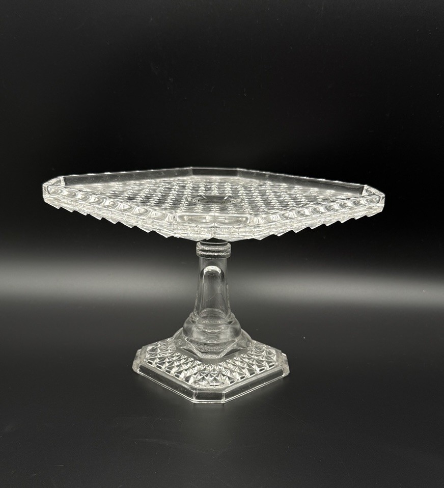 Vintage EAPG Pressed Jones & Co. Glass Diamond Grogan Square Cake Footed Stand