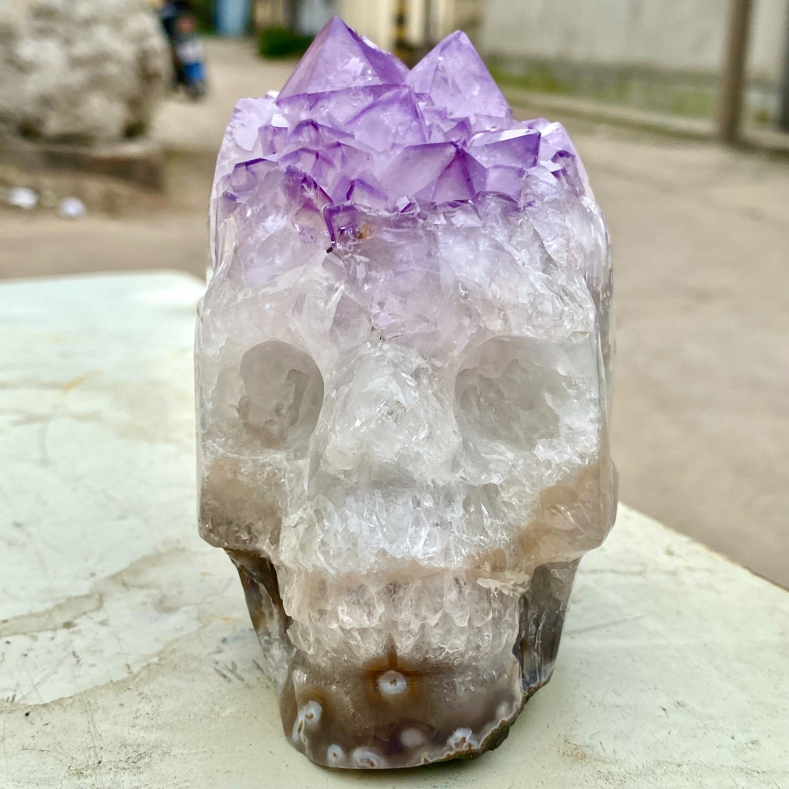 2.34LB Amethyst agate crystal cave skull, Rare hand carved skull specimen