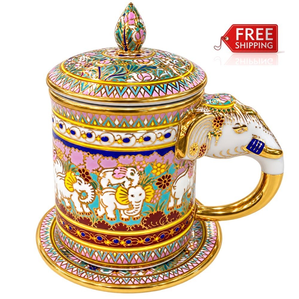 Handcrafted Thai Benjarong mug porcelain gold enamel style traditional handmade