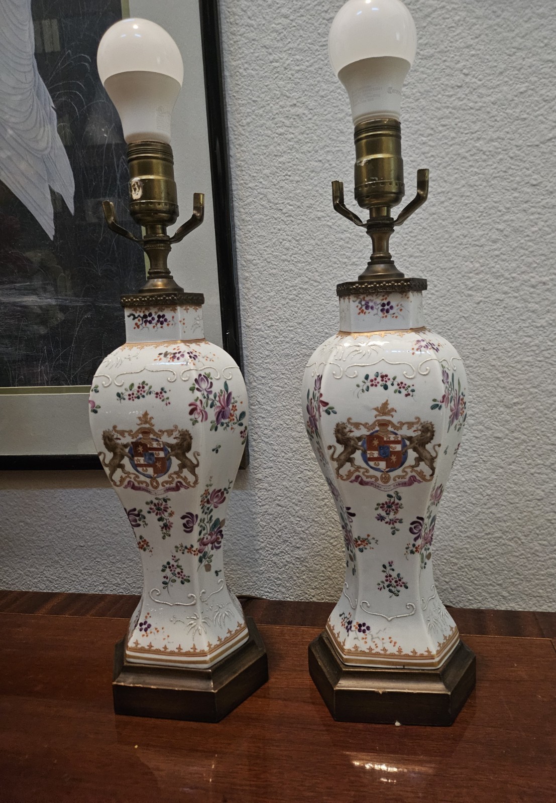 2 Vintage Edme Samson Style  Armorial Porcelain Lamps