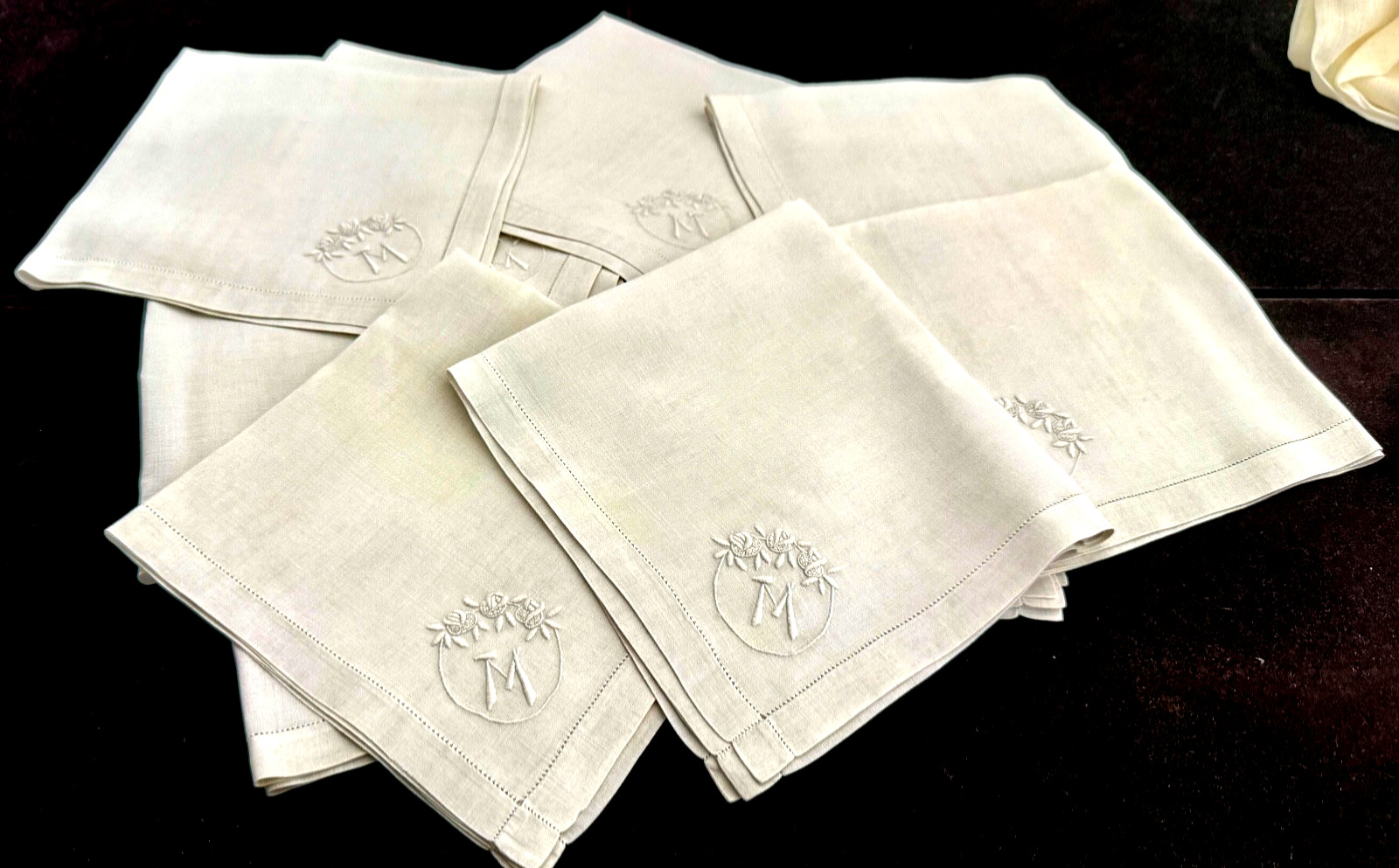 Vintage Estate Linens: White on White Linen Napkins w/ “M” Monogram  B364