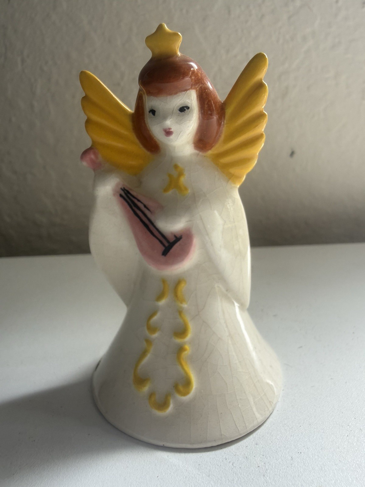 Vintage MCM Ceramic Musical Angel Figurine Lute Yellow Wings Christmas Kitsch