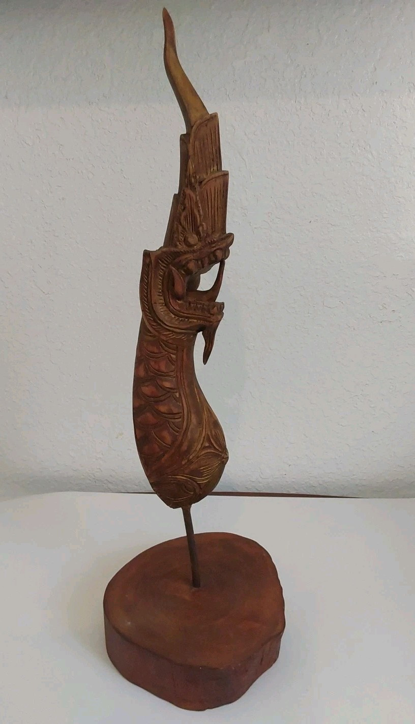 Vintage Naga Wood Carved Gilted Dragon On Wood Stand-Nice Shape 12 X 2.25