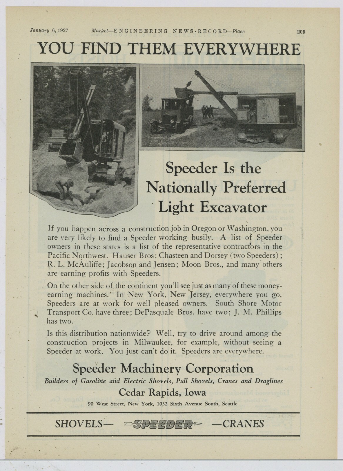 1927 Speeder Machinery of Cedar Rapids IA Ad: Contractor List of Users