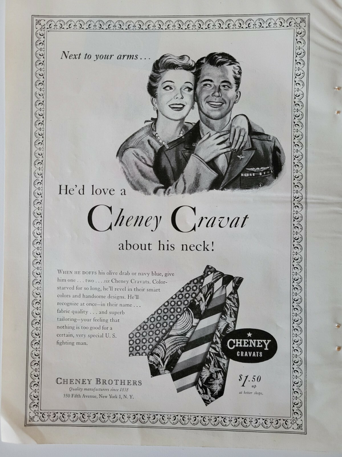 1945 mens Cheney Brothers cravat necktie tie vintage fashion ad