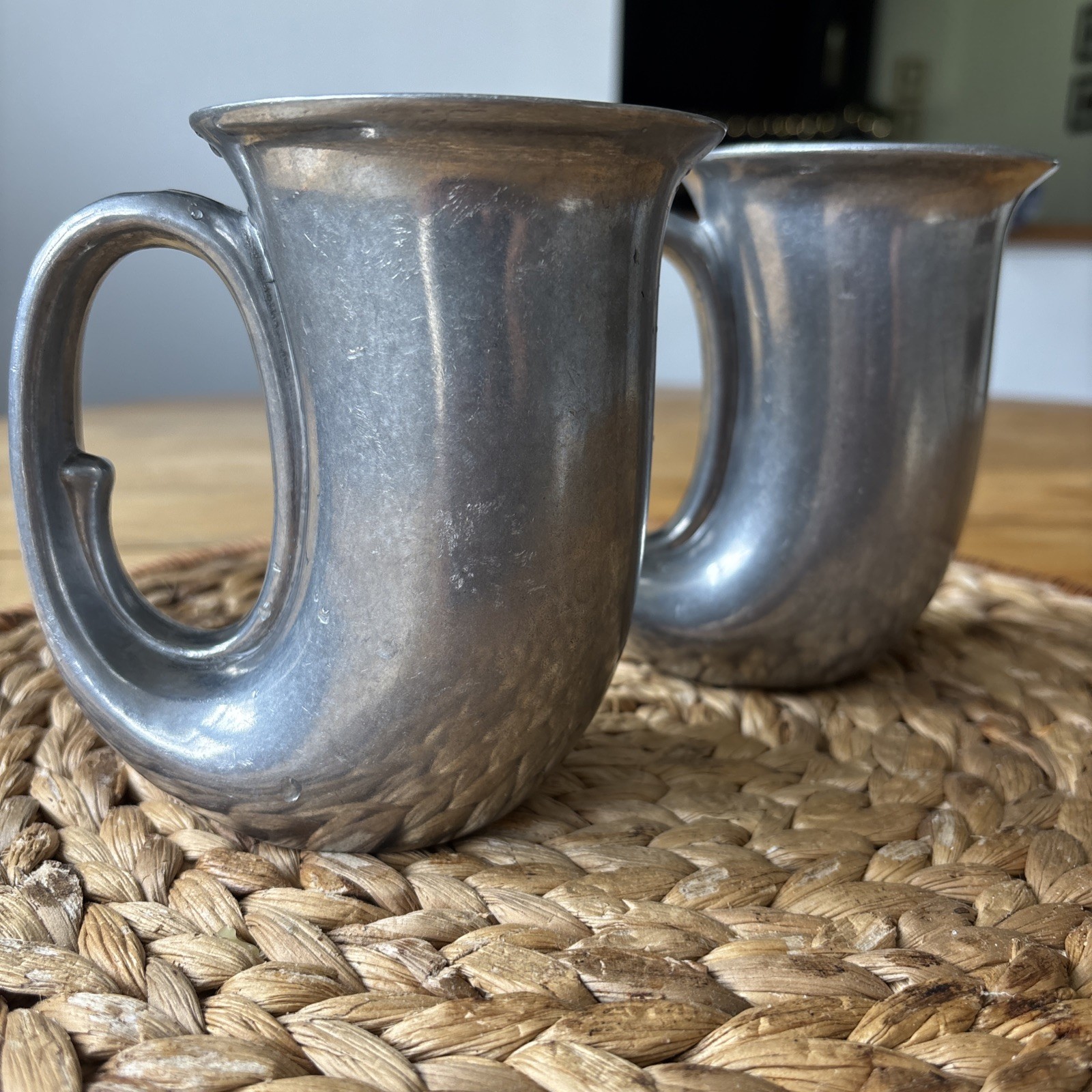 Vintage Duratale by Leonard Pewter Horn Mugs Italy - Set of 2 Matching Bases