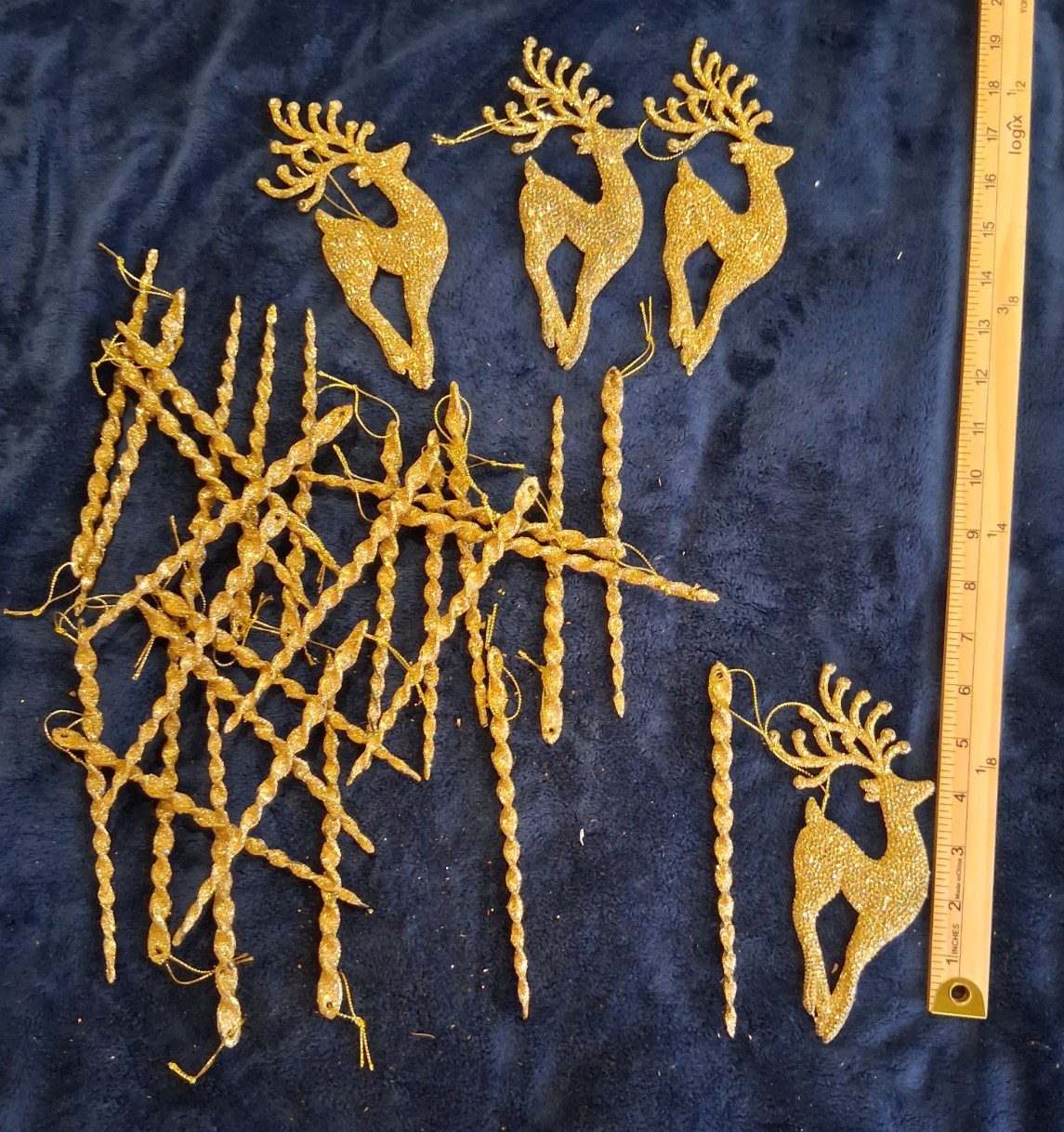 Vintage Gold Glitter Reindeer & Twisted Icicle Christmas Ornaments Lot 0.51 Lb