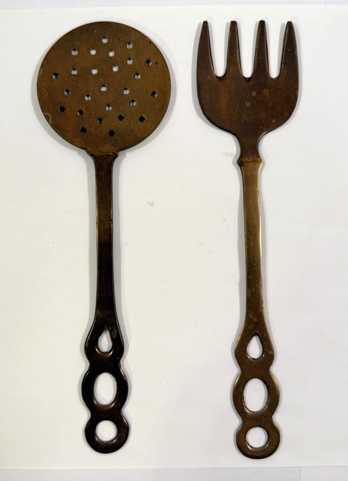 Vintage Brass Food Utensil Large Fork Spoon Skimmer Kitchen Decor 2 Pc Set