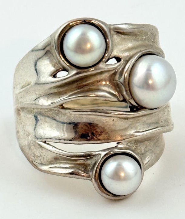 Hagit Gorali Modernist Sterling Silver 925 Pearl Wide Band Ring Sz 6.5 Brutalist