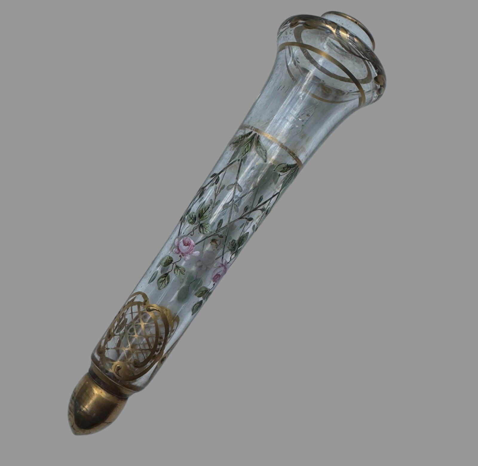 Antique 1910s-20s Glass Automobile Car Bud Vase Hand Painted Roses 8”