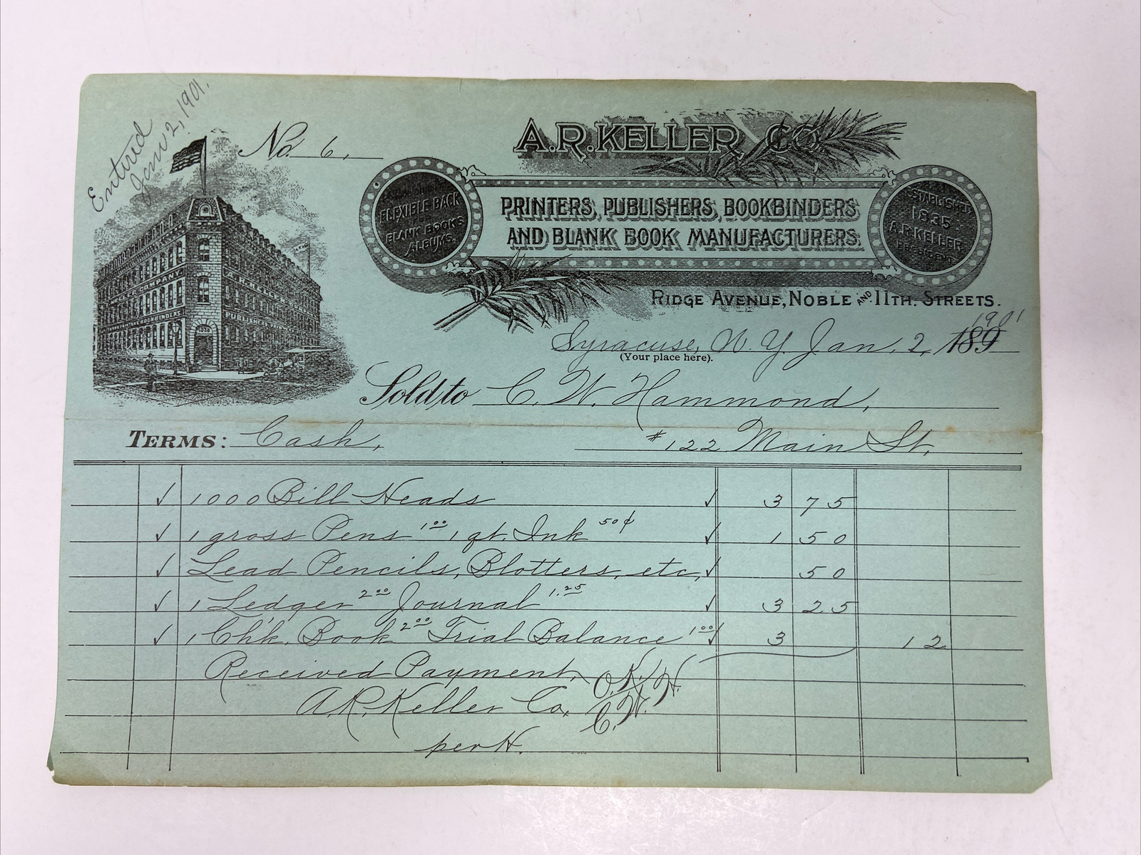 1890s 1901 Billhead A.R. Keller Co. Printers Publishers Antique Illustrated