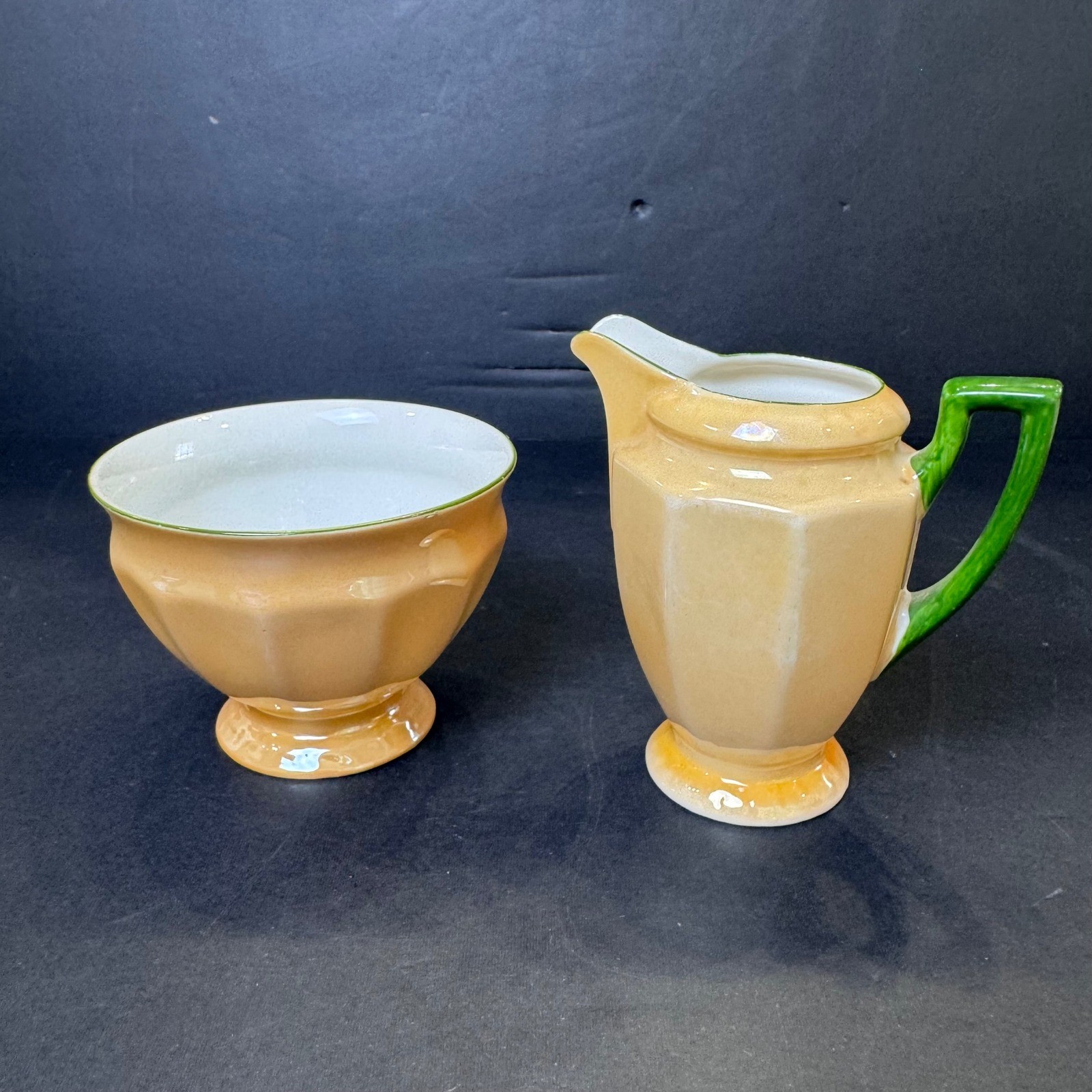 Vintage P.A.L.T. Czechoslovakia Lusterware Creamer and Sugar Set Peach Green
