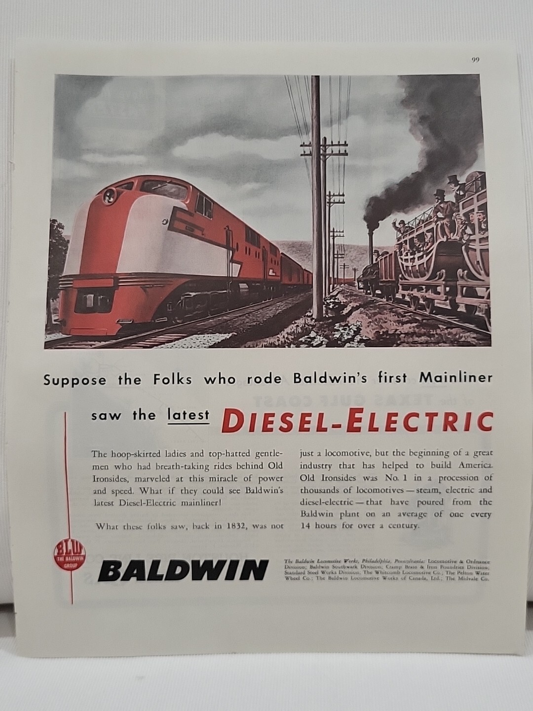 1945 Baldwin Diesel Electric Train Fortune WW2 X-Mas Print Ad Mainliner Trains