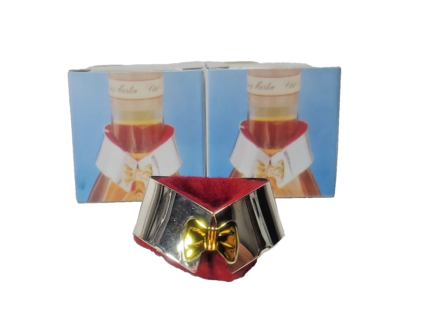 2 Silver Plated Drip Collar w/Removable Felt Liner Tuxedo & Bow Wine Bottle NEW
