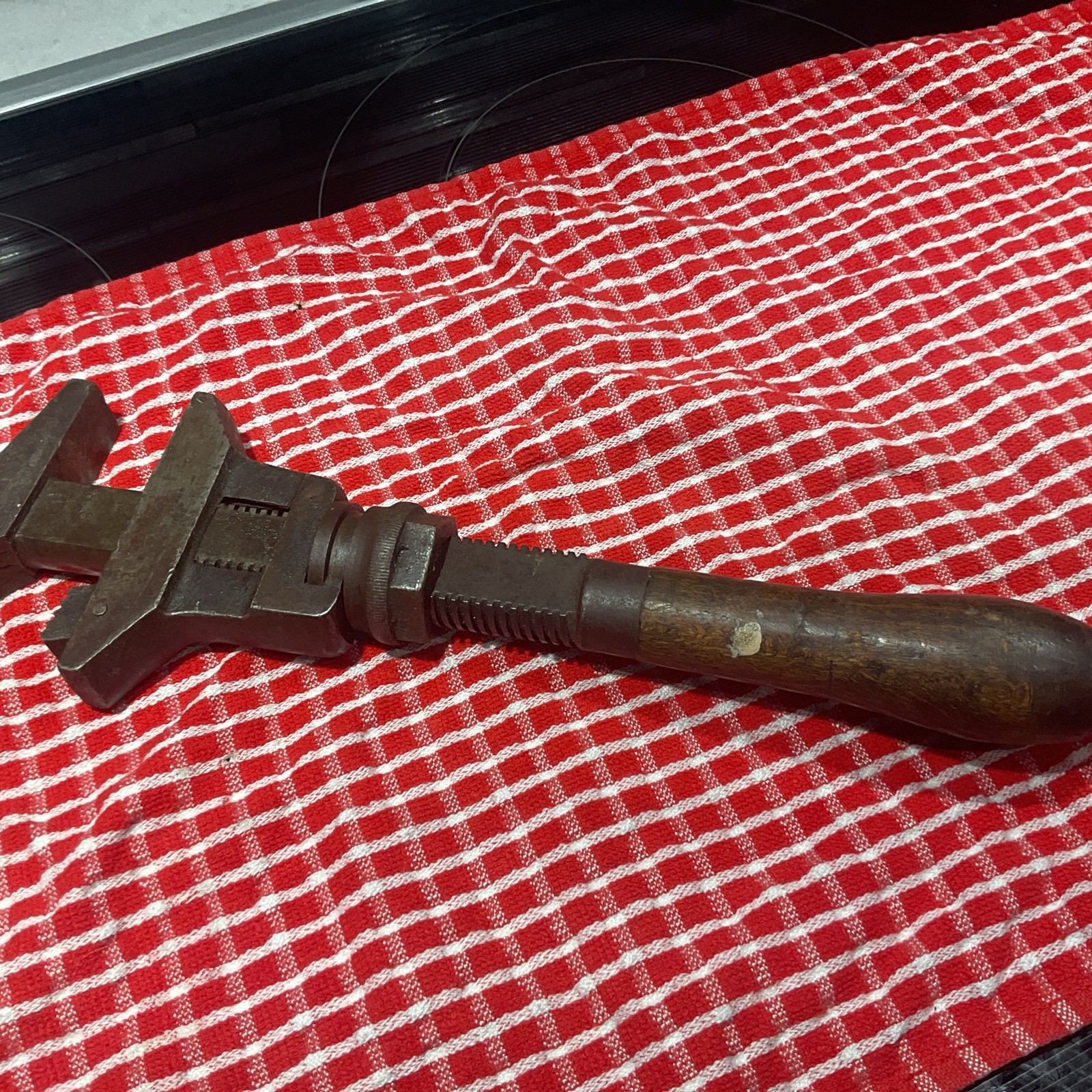 Antique Bemis & Call Adjusting Monkey Wrench Double Jaw Wood Handle 12 1/2”