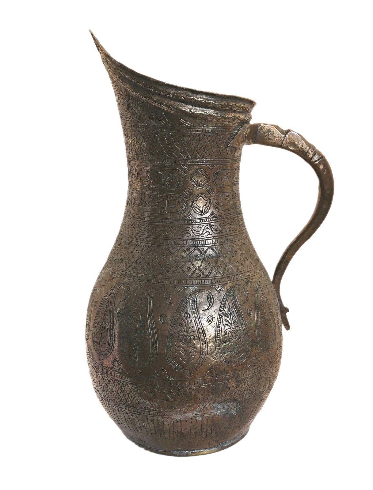 Antique Persian Iran 1800s BOTEH Engraved Copper Tinned Qajar Pitcher Jug 12.5”