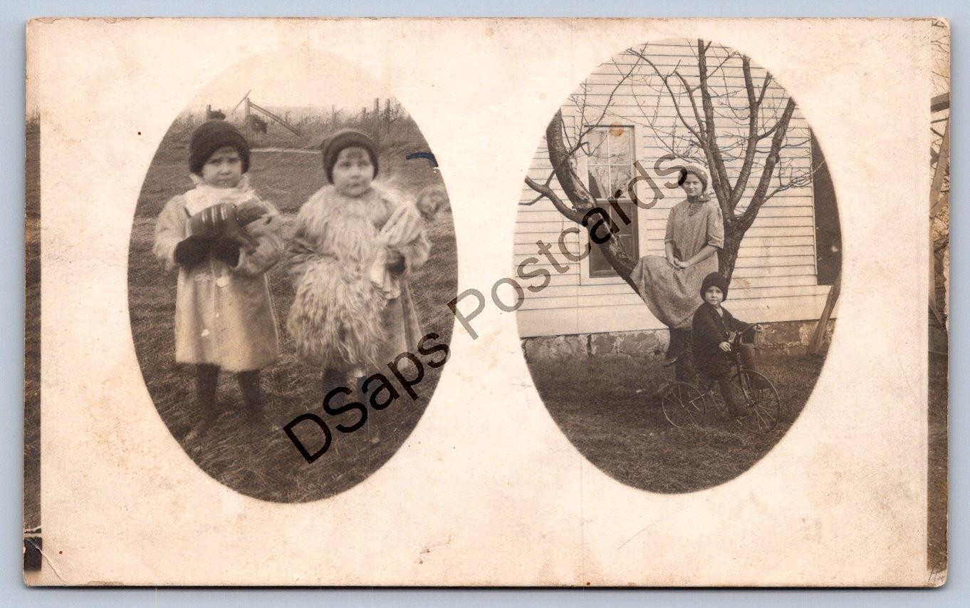 K67/ Interesting RPPC Postcard c1910 Cute Children 2View Doll Elephant Toy 68