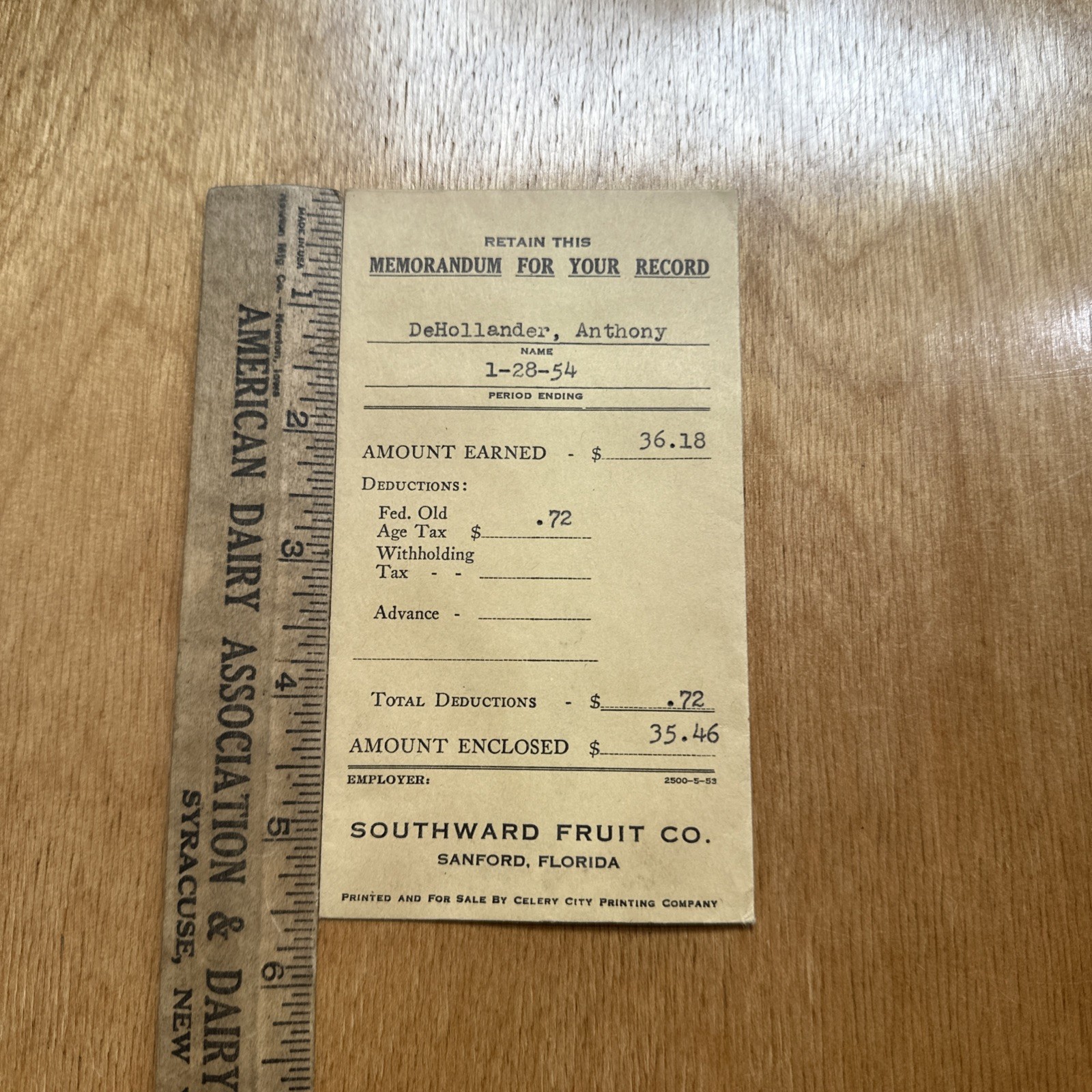 Vintage 1954 Southward Fruit Co Sanford Florida Employee Payroll Receipt Slip