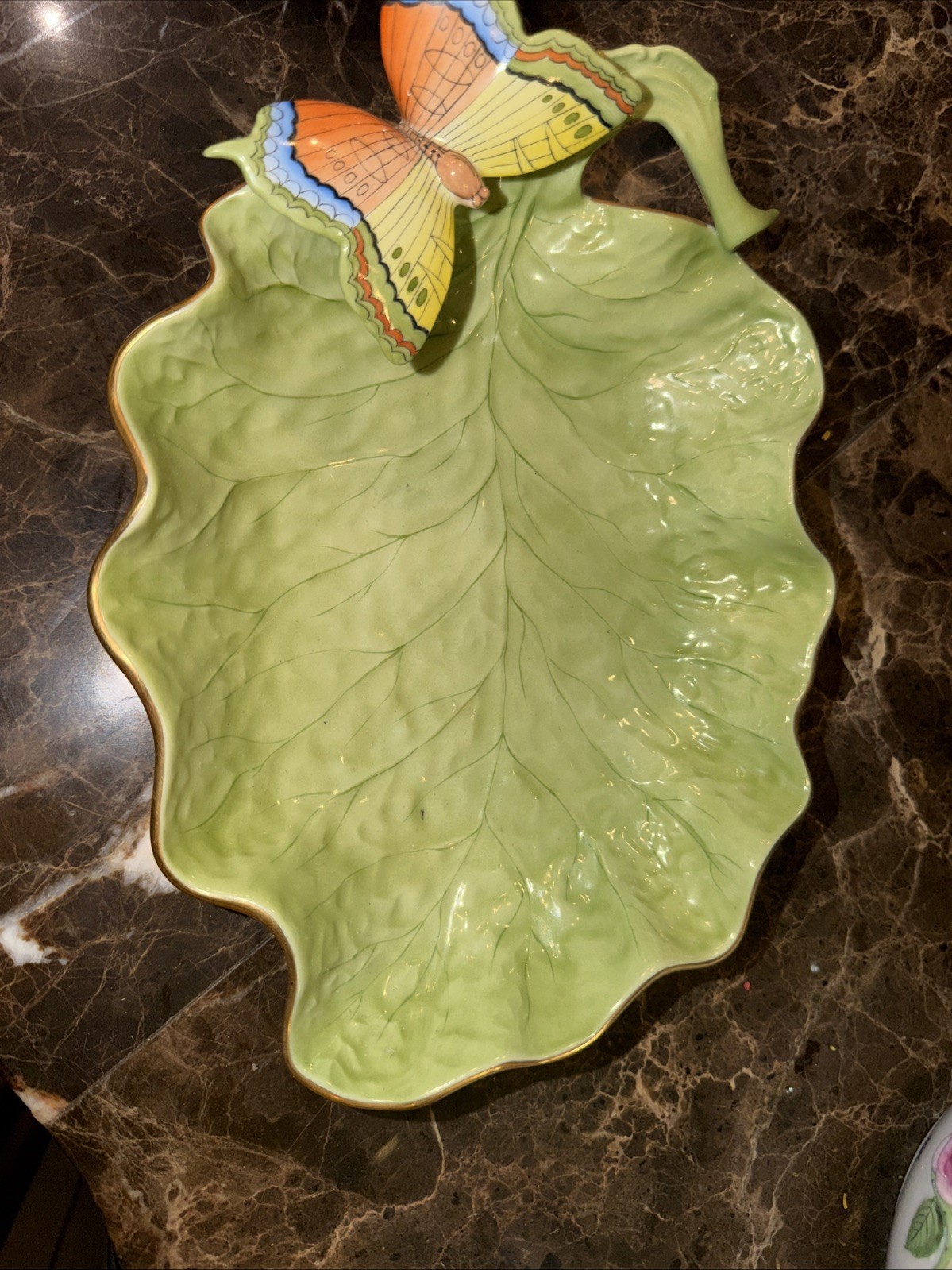 Herend Hungary Handpainted Porcelain Leaf Dish w/ Butterfly Handle PBG