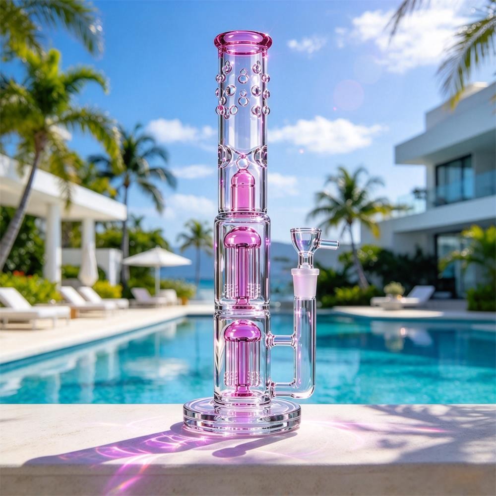 16 Inch Pink Heavy Glass Bong Shisha Percolate Hookah Water Pipe W/ICE 18mm Bowl