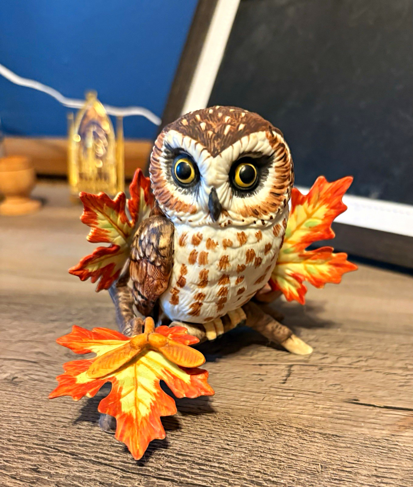 Lenox Fine Porcelain Saw Whet Owl Figurine with Fall Leaves Handcrafted