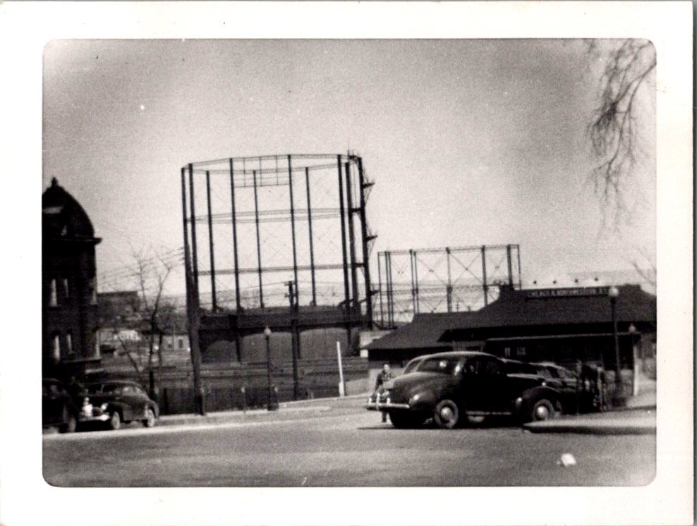 Vintage 1949 Waukegan IL Street Scene Photograph Gasometer Cars Chicago Sign B&W