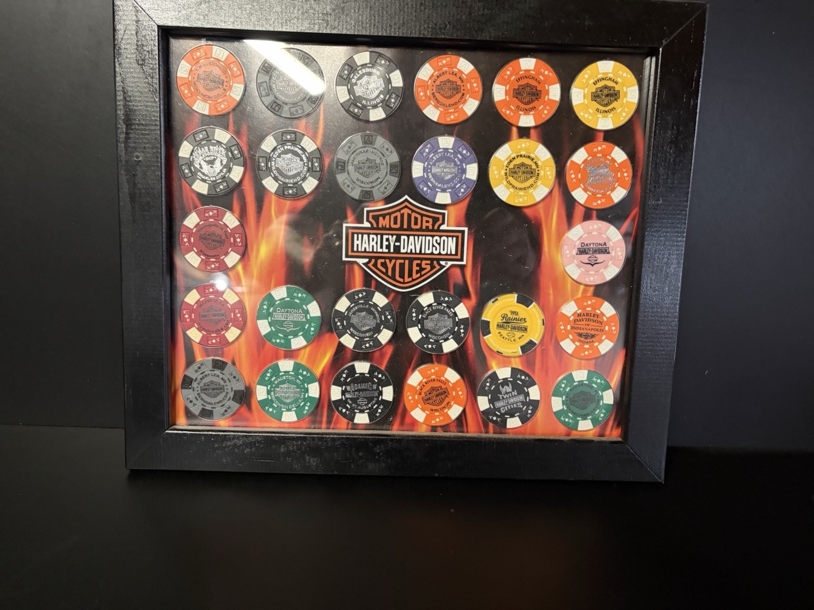 26 Harley-Davidson Framed Poker Chips Display w/ Flames Background, Logo Chips