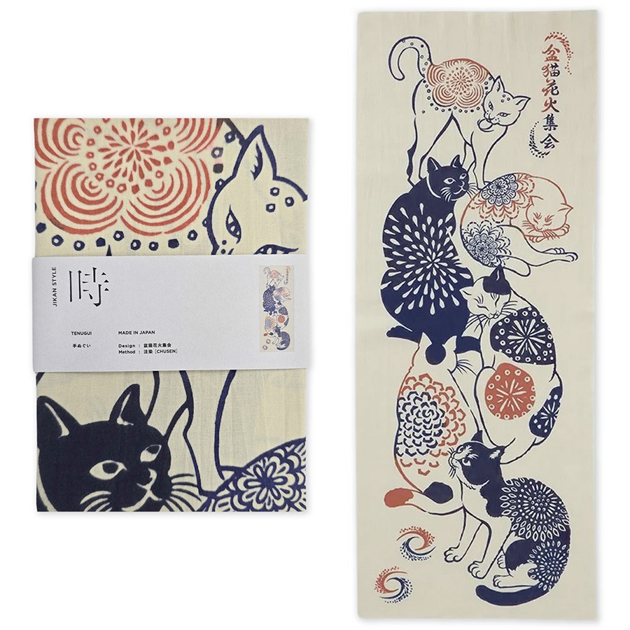 Japanese Cotton Tenugui Tapestry Hand Towel Bento Cloth Cats Fireworks 35\