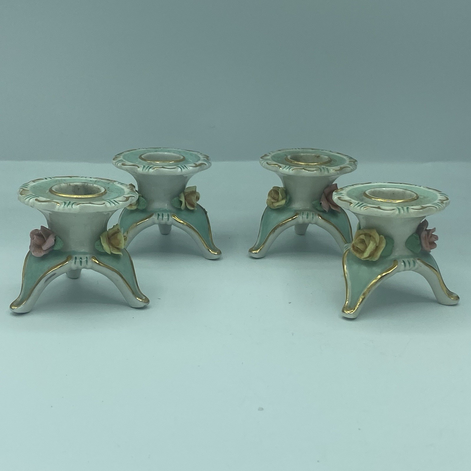Set of 4 Vintage German Porcelain Mini Candle Holders Applied Roses Gold Trim