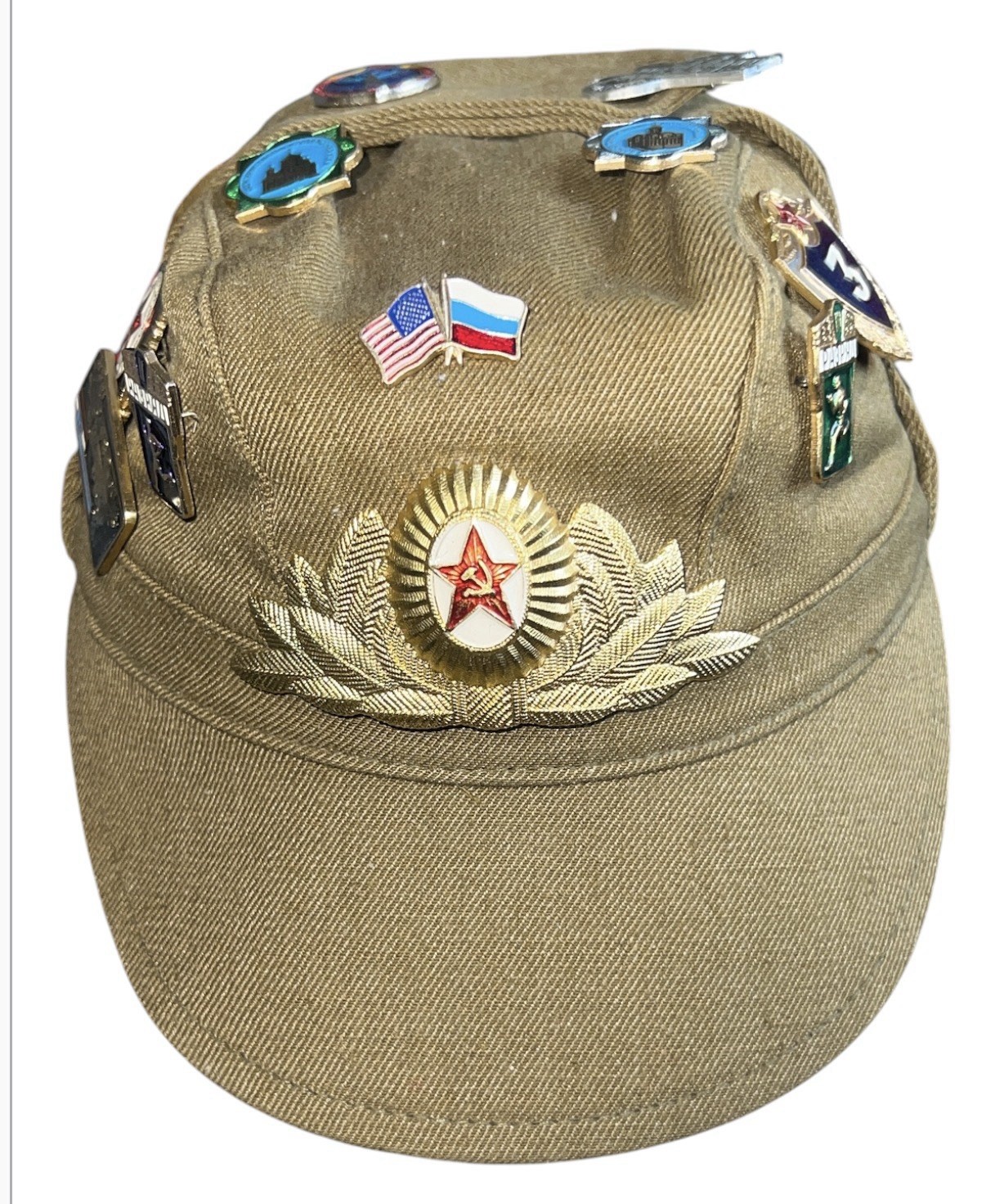 Vintage USSR Soviet Union Russian Military Hat W/ Pins Patches Sz 53