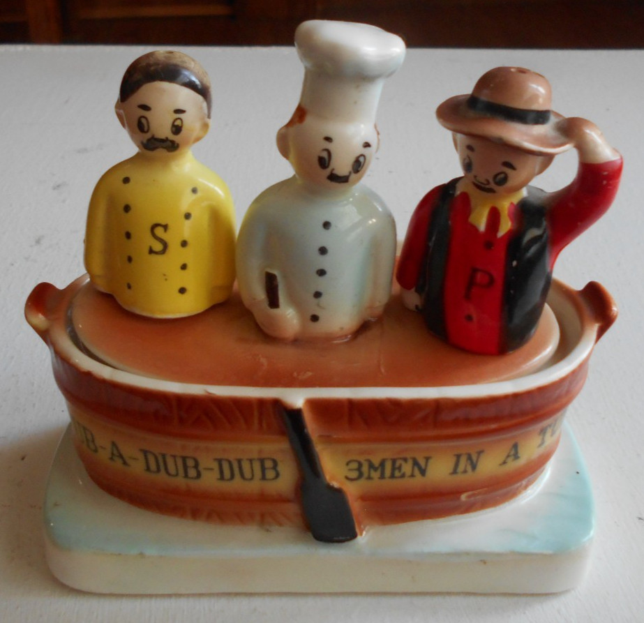 Vintage Enesco Rub-A-Dub-Dub 3 Men in a Tub Salt & Pepper Shakers & Sugar Bowl