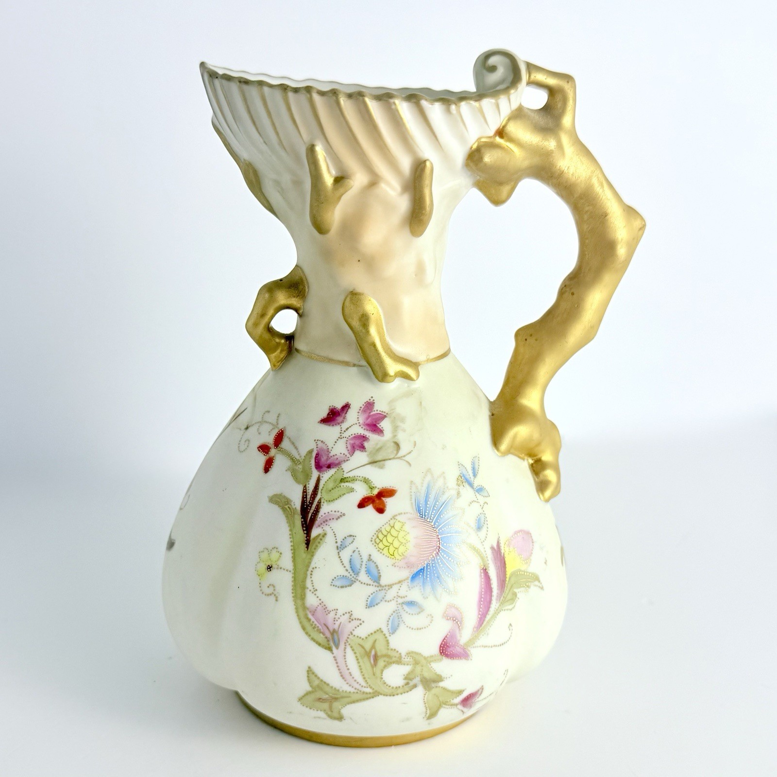 Antique Austrian porcelain vase ewer pitcher gold gilded tree handle floral Rare
