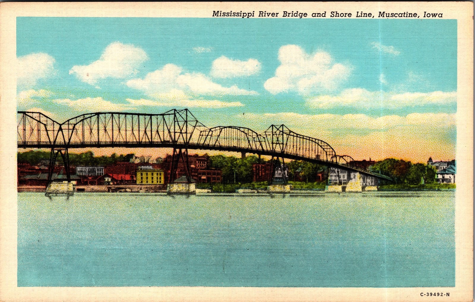 1940s Linen Postcard Mississippi River Bridge Muscatine Iowa