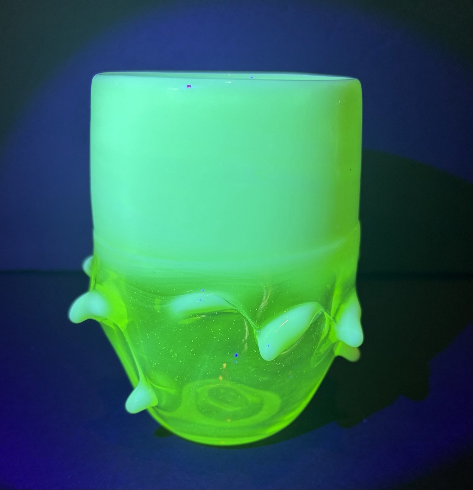 FREDERICK WARREN Hand Blown Art Glass Knobby Tumbler Signed UV Glow Uranium