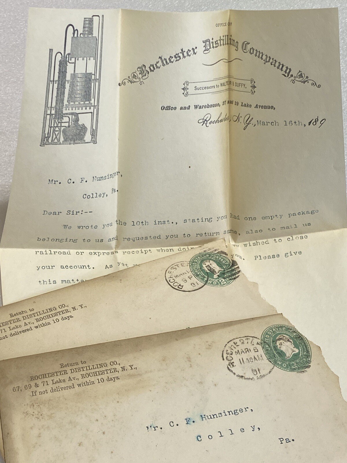 2 Vtg 1891 Rochester Distilling Co New York Pre Prohibition Letterhead Envelope