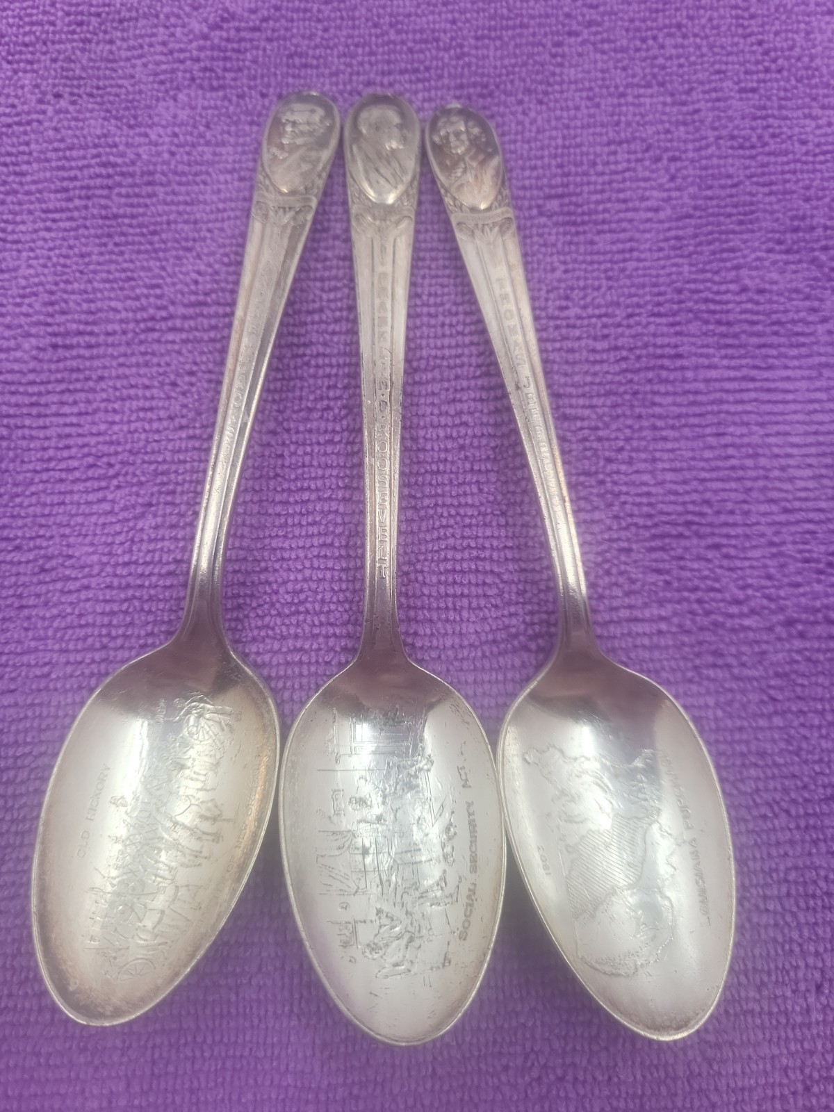 Vtg WM Rogers- 3 President Collector Spoons A. Jackson, F. Roosev, T Jefferson