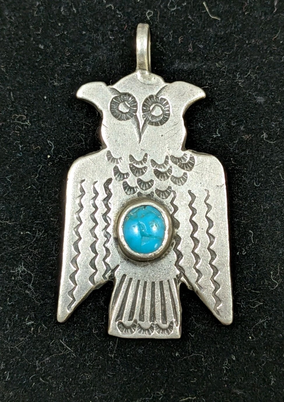 Vintage Sterling Silver Turquoise Owl Pendant Southwestern Hand Stamped