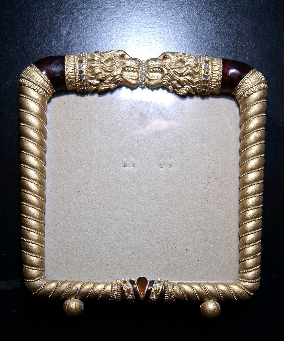 Ashleigh Manor Solid Brass Ornate Jeweled Enameled Lion Heads Photo Frame 4\