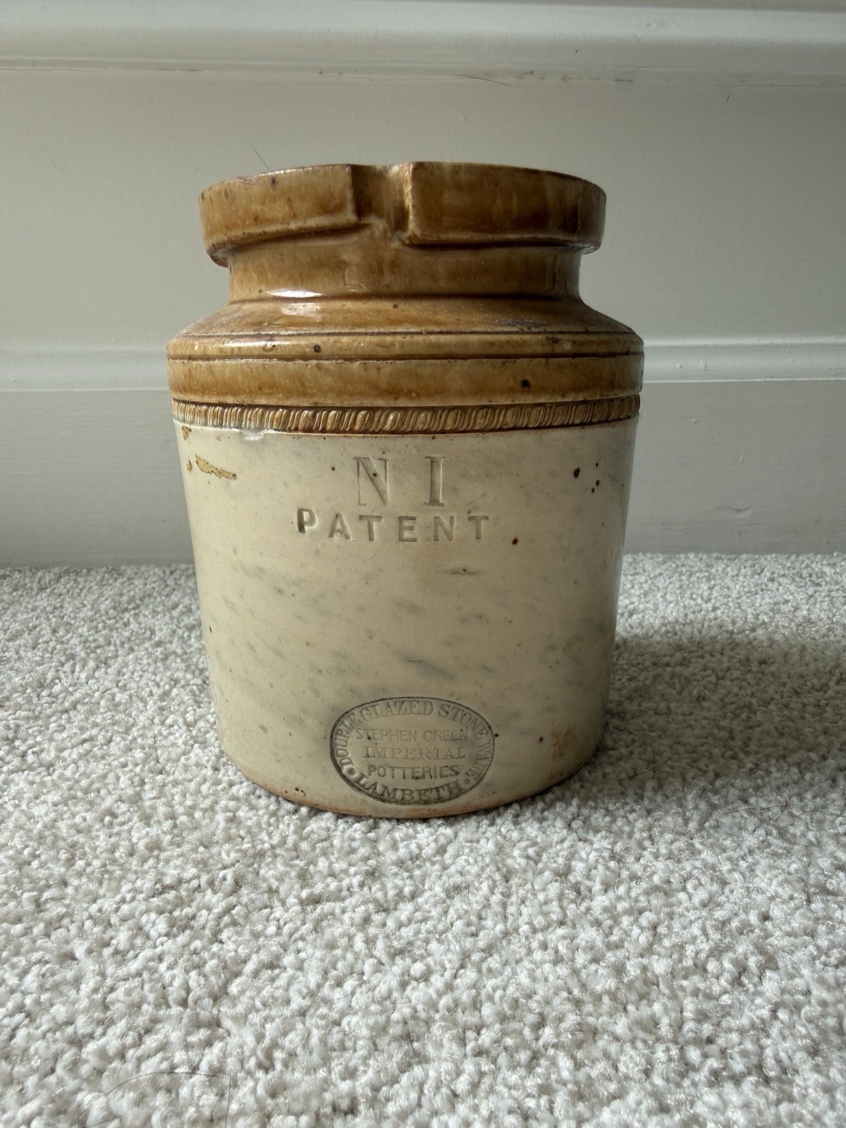 Antique Stephen Green Imperial Potteries Lambeth N1 Patent Glazed Crock 5”