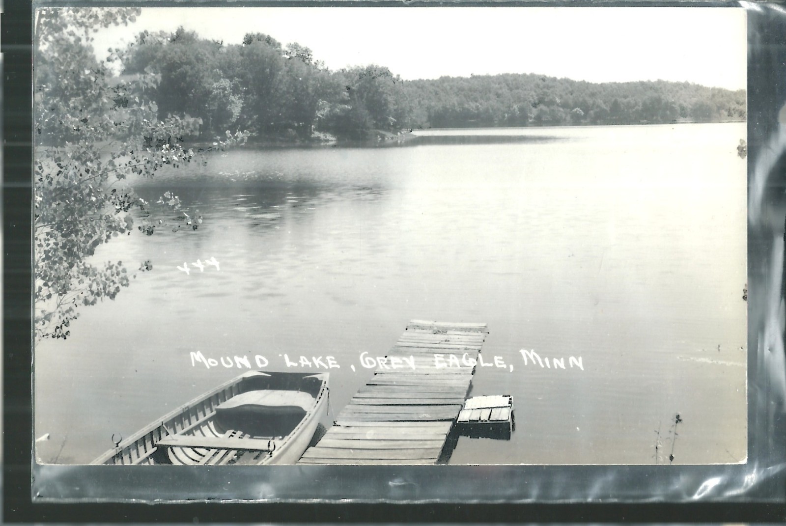 NICE RPPC VIEW OF WOODEN BOAT AT DOCK OF MOUND LAKE IN GREY EAGLE, MN