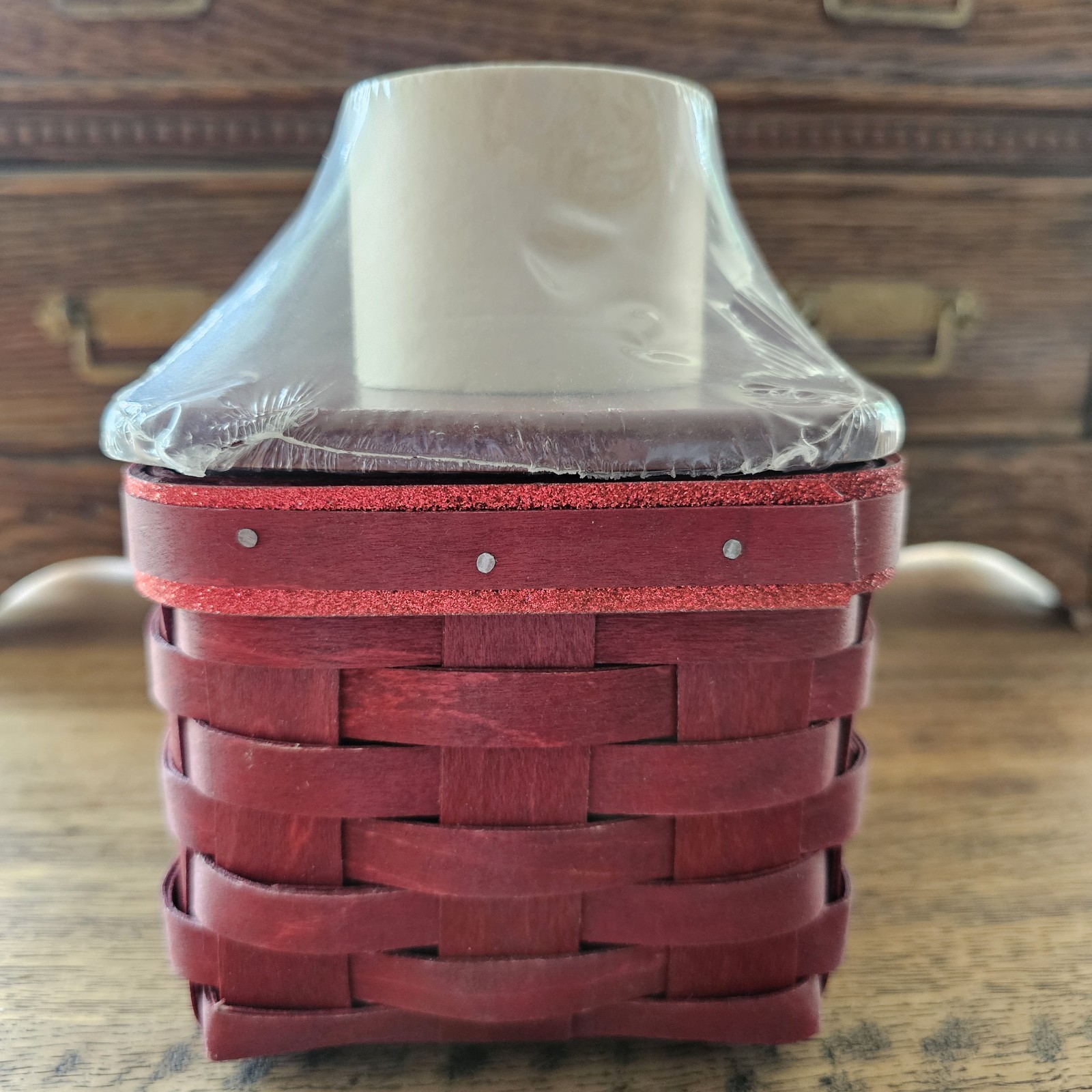 Longaberger 2011 Small Red Christmas Box Basket W/ Ornament Knob, Lid, Protector